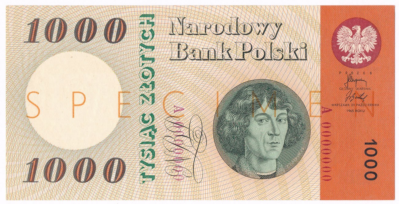 Banknot. 1000 złotych 1965 Kopernik SPECIMEN seria A